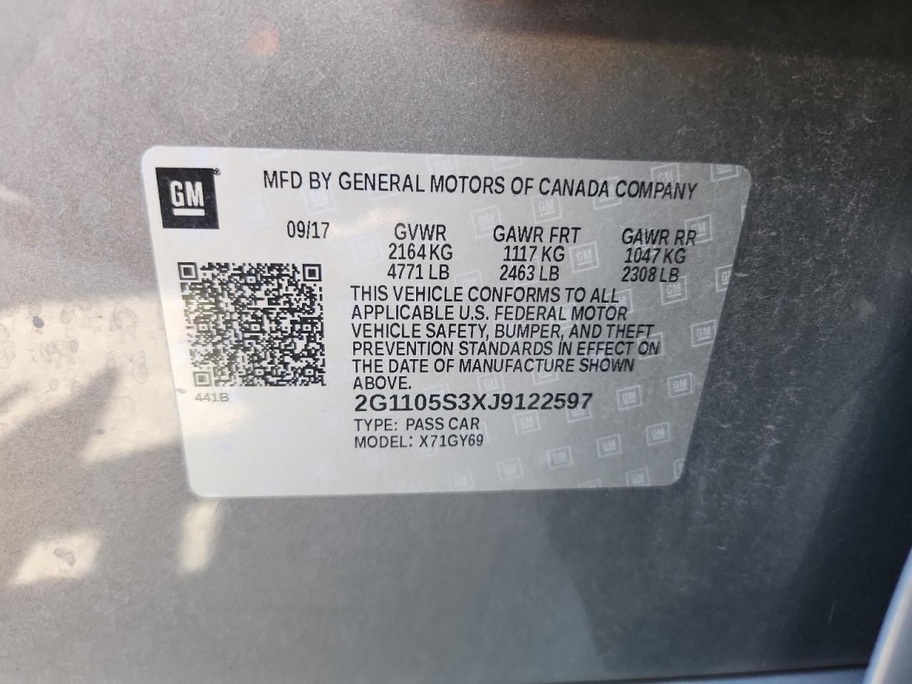 2018 Chevrolet Impala Lt VIN: 2G1105S3XJ9122597 Lot: 68652695