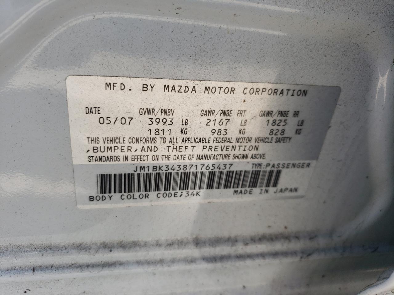 2007 Mazda 3 Hatchback VIN: JM1BK343871765437 Lot: 69562865