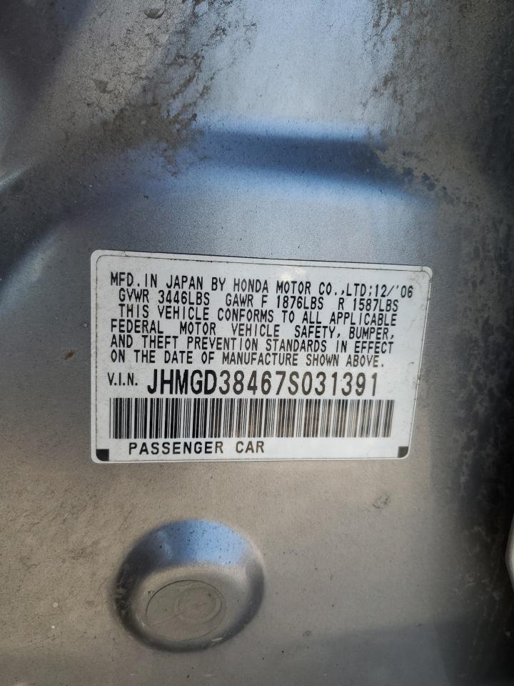2007 Honda Fit VIN: JHMGD38467S031391 Lot: 67681825