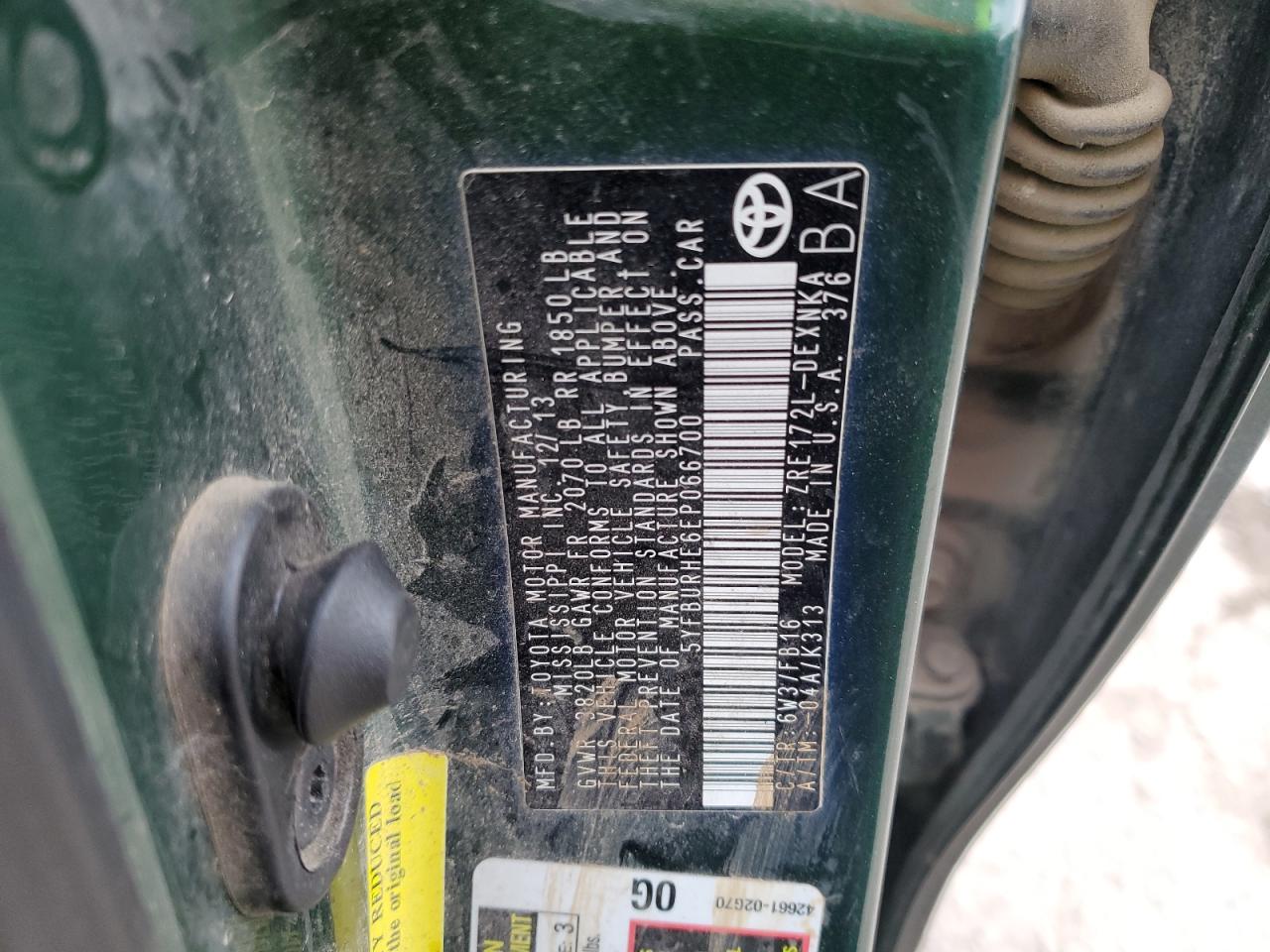 2014 Toyota Corolla L VIN: 5YFBURHE6EP066700 Lot: 70698585