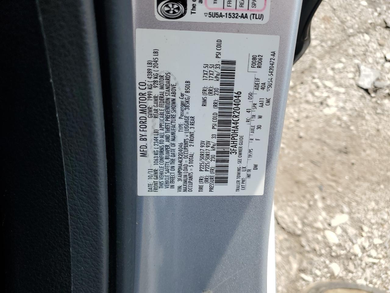 2012 Ford Fusion Se VIN: 3FAHP0HA4CR204046 Lot: 67348555