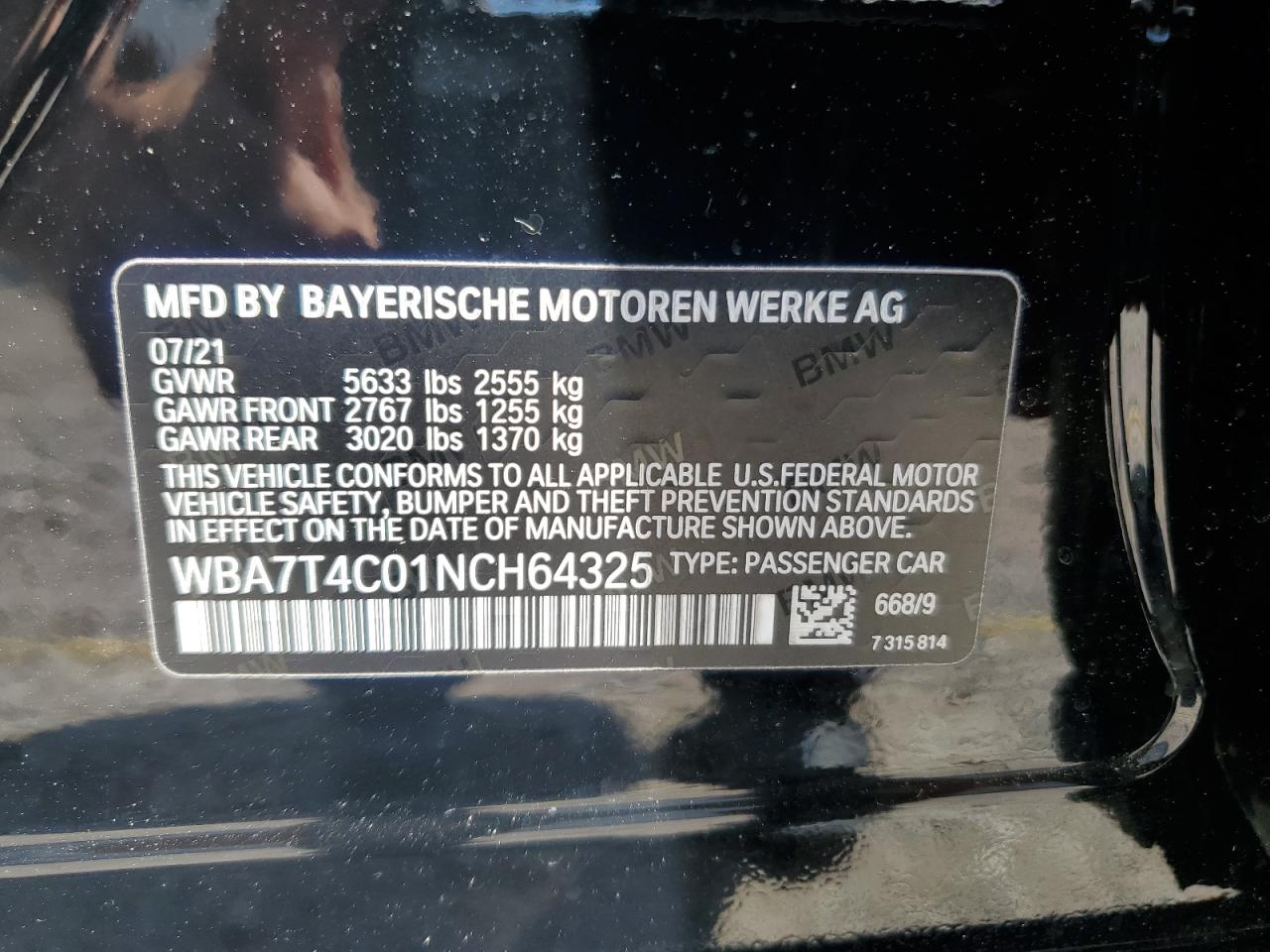 2022 BMW 740 Xi VIN: WBA7T4C01NCH64325 Lot: 68627435