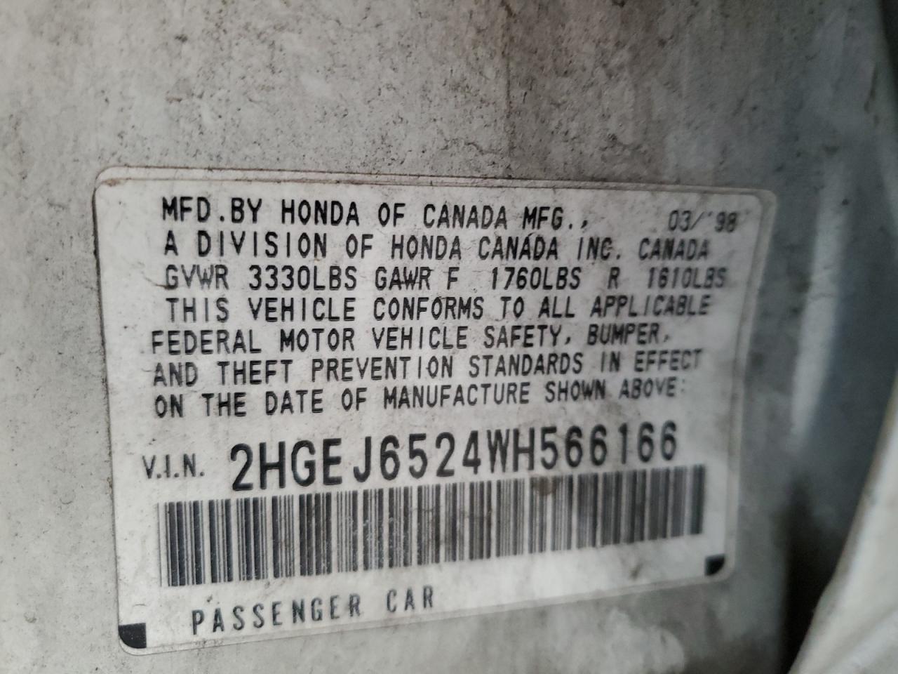 1998 Honda Civic Dx VIN: 2HGEJ6524WH566166 Lot: 68511815