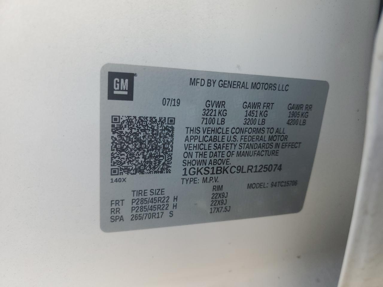 2020 GMC Yukon Slt VIN: 1GKS1BKC9LR125074 Lot: 70125135