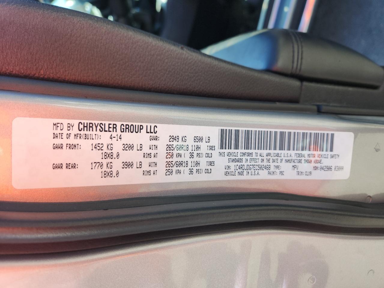 2014 Dodge Durango Limited VIN: 1C4RDJDG7EC502468 Lot: 70636435