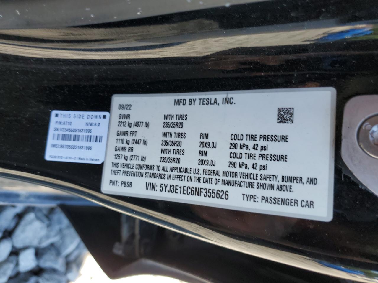 2022 Tesla Model 3 VIN: 5YJ3E1EC6NF355626 Lot: 69211415