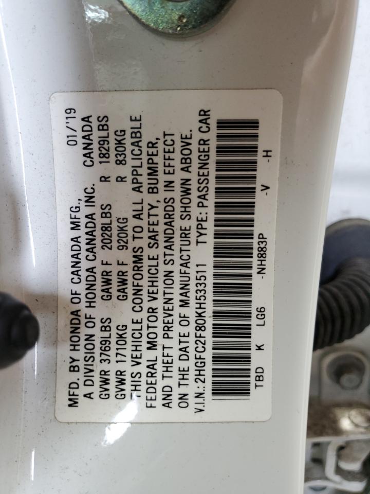 2019 Honda Civic Sport VIN: 2HGFC2F80KH533511 Lot: 67304365