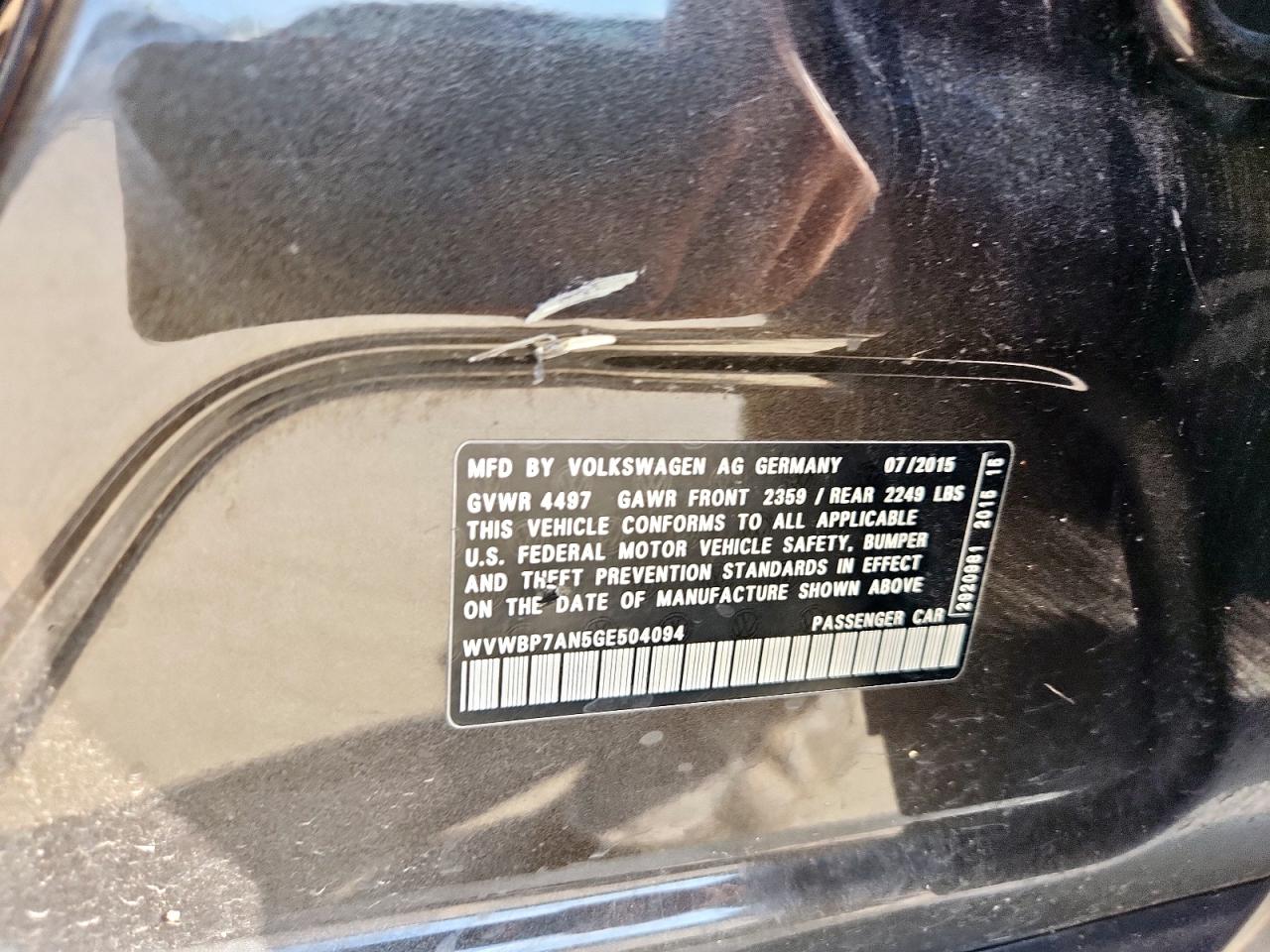 2016 Volkswagon Cc VIN: WVWBP7AN5GE504094 Lot: 68895865