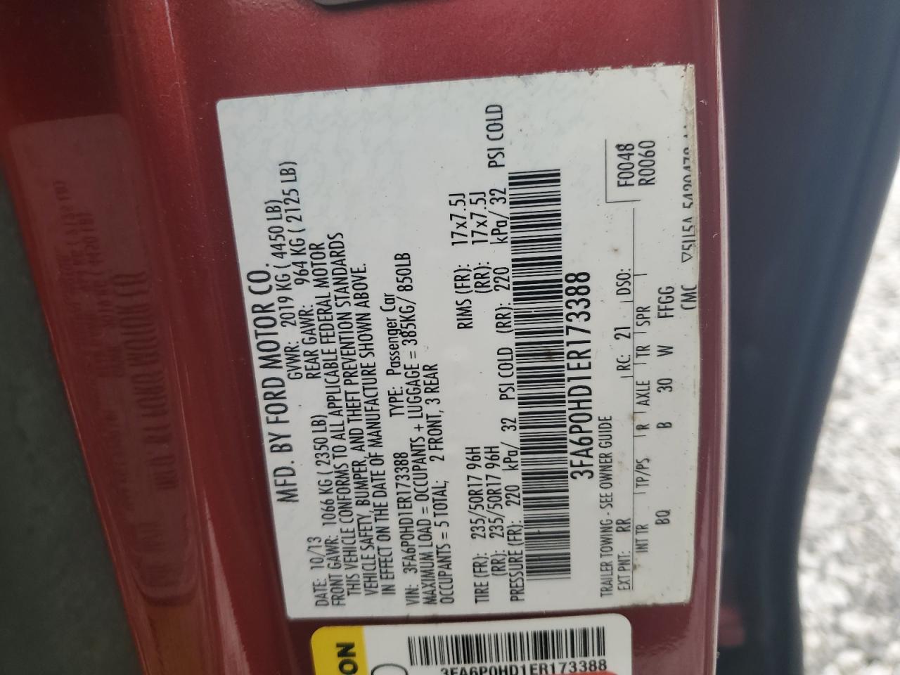 2014 Ford Fusion Se VIN: 3FA6P0HD1ER173388 Lot: 68771425