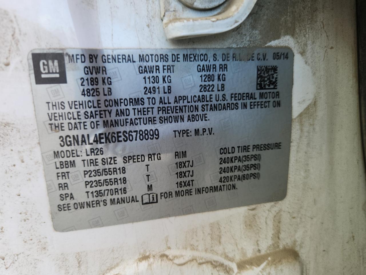 2014 Chevrolet Captiva Ltz VIN: 3GNAL4EK6ES678899 Lot: 70580665