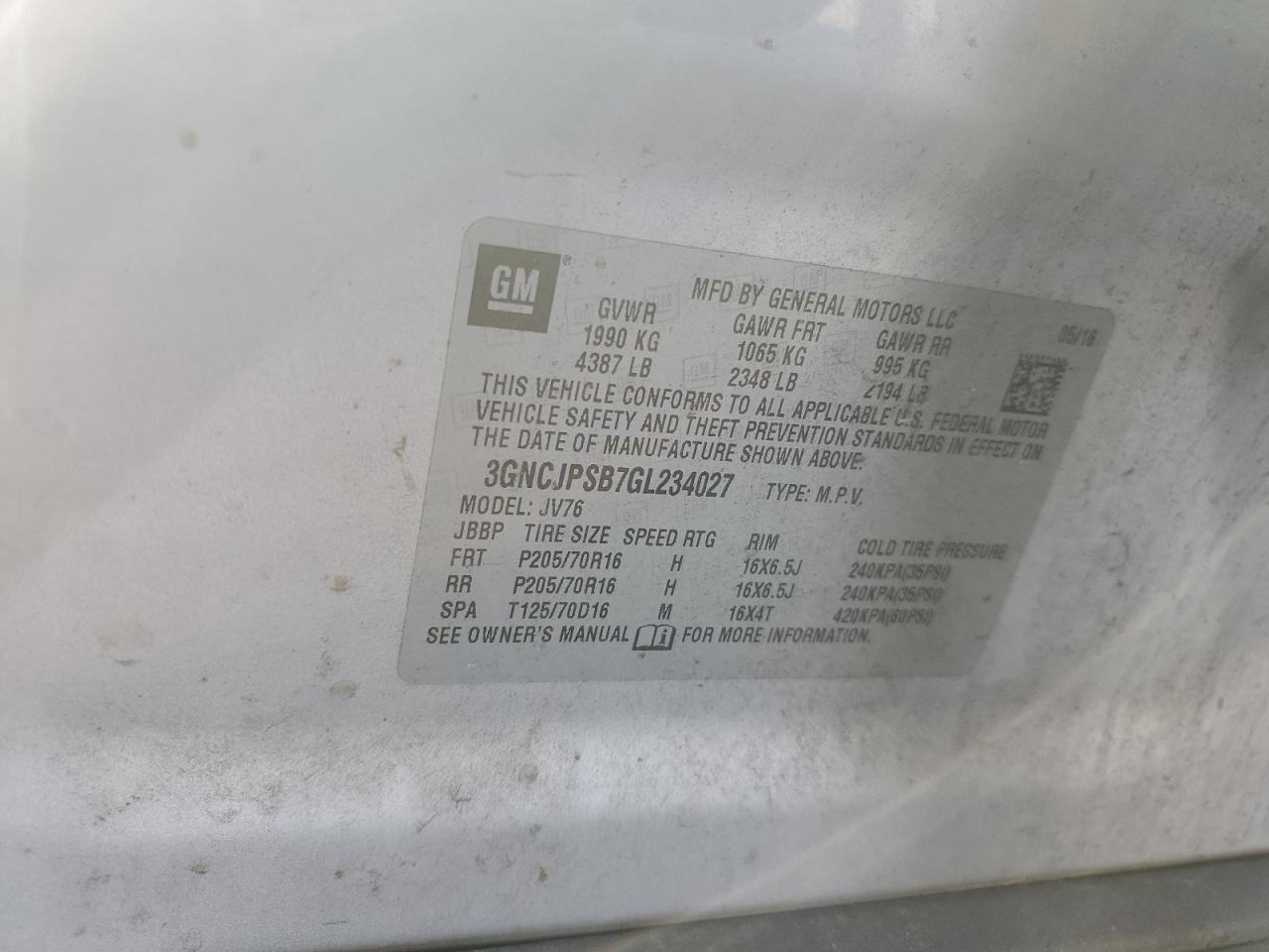 2016 Chevrolet Trax 1Lt VIN: 3GNCJPSB7GL234027 Lot: 69099605