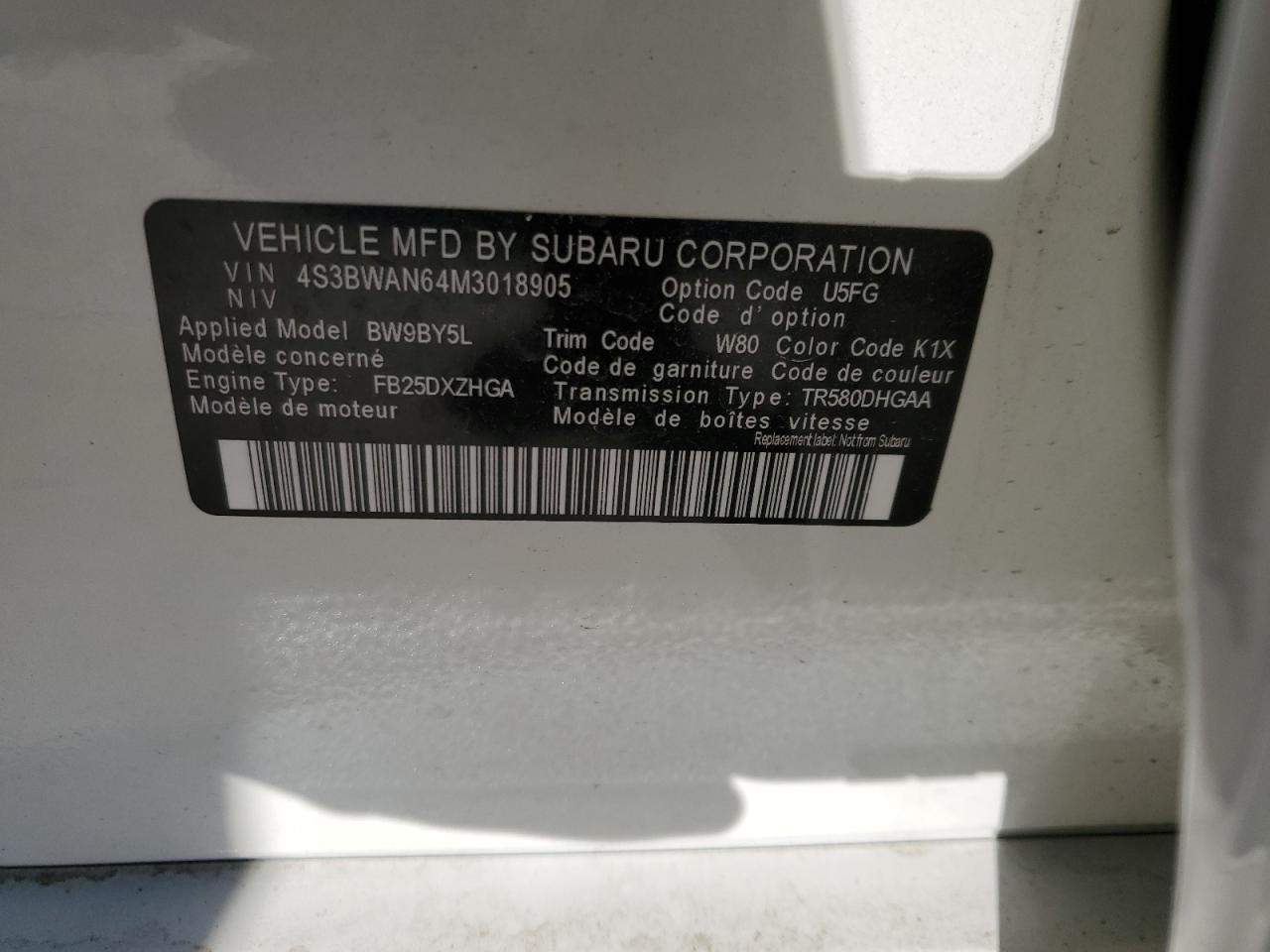 2021 Subaru Legacy Limited VIN: 4S3BWAN64M3018905 Lot: 67382585