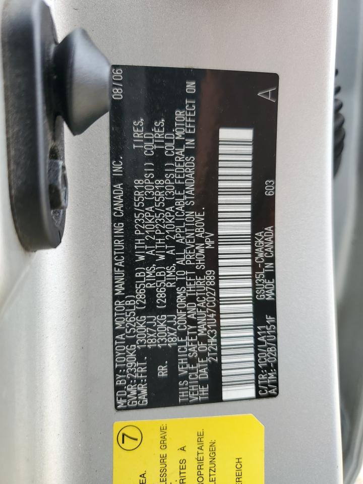 2007 Lexus Rx 350 VIN: 2T2HK31U47C027889 Lot: 64936715