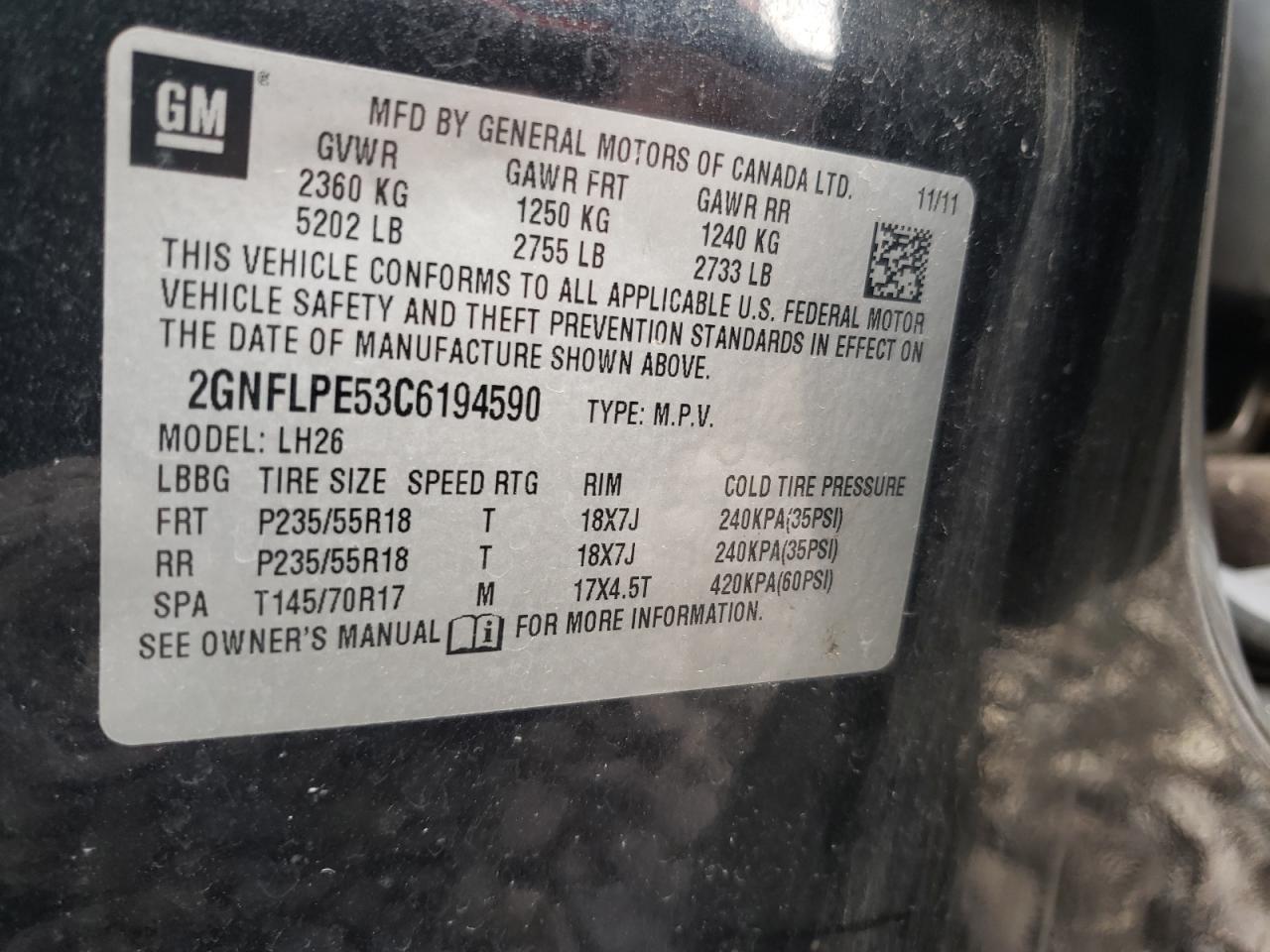 2012 Chevrolet Equinox Lt VIN: 2GNFLPE53C6194590 Lot: 67390885