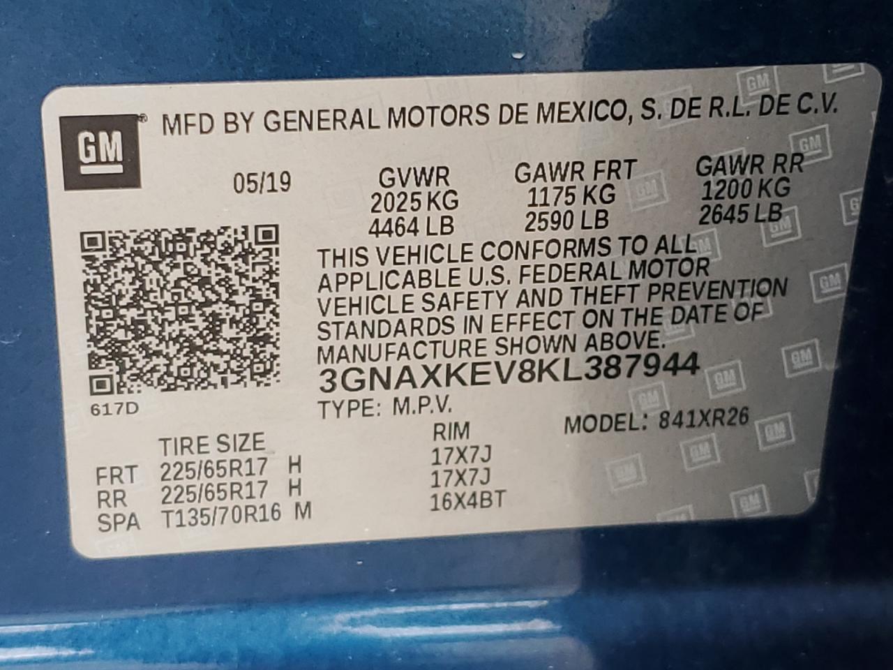 2019 Chevrolet Equinox Lt VIN: 3GNAXKEV8KL387944 Lot: 69623275