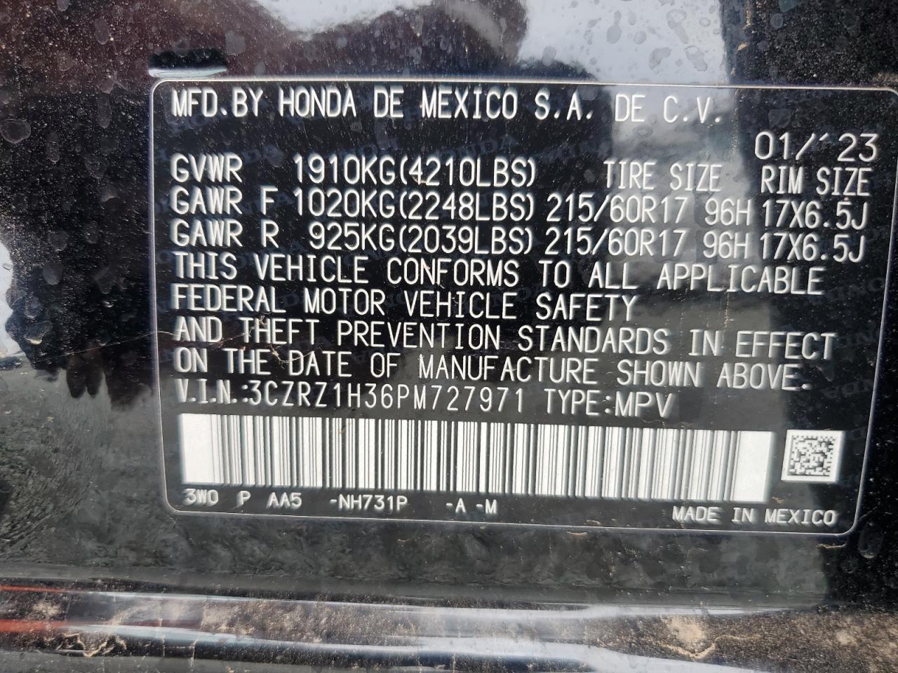 2023 Honda Hr-V Lx VIN: 3CZRZ1H36PM727971 Lot: 85376315