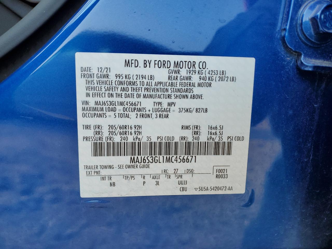 2021 Ford Ecosport Se VIN: MAJ6S3GL1MC456671 Lot: 68249225