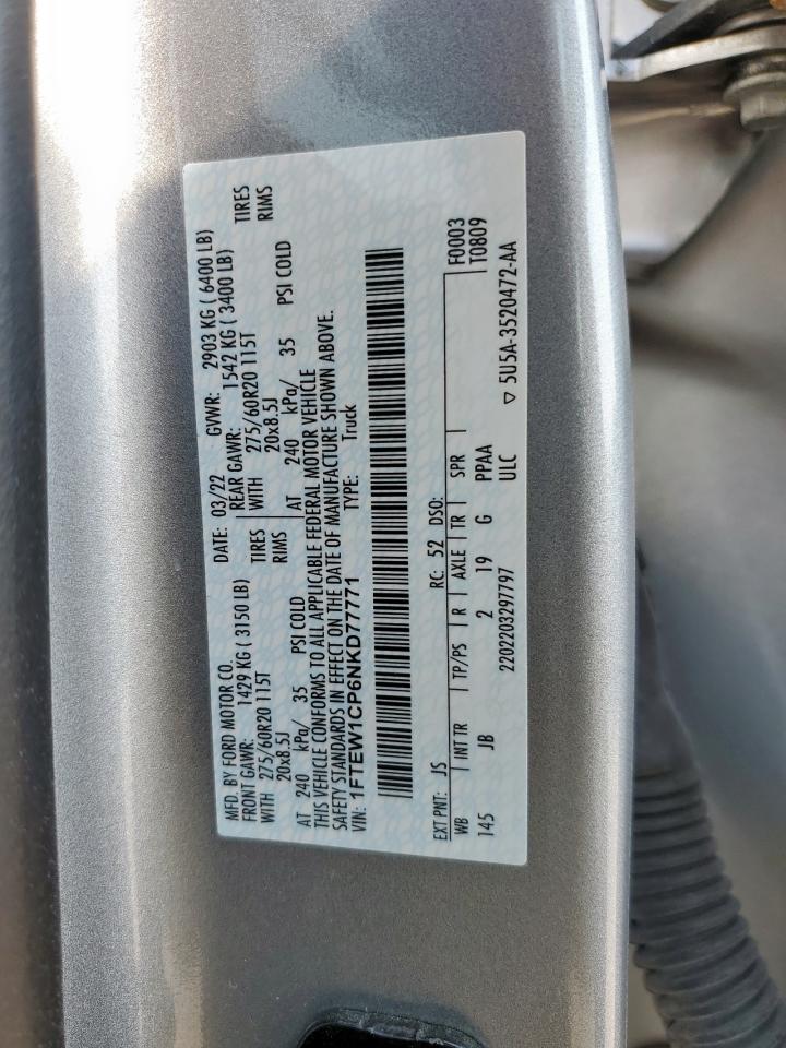 2022 Ford F150 Supercrew VIN: 1FTEW1CP6NKD77771 Lot: 69917415