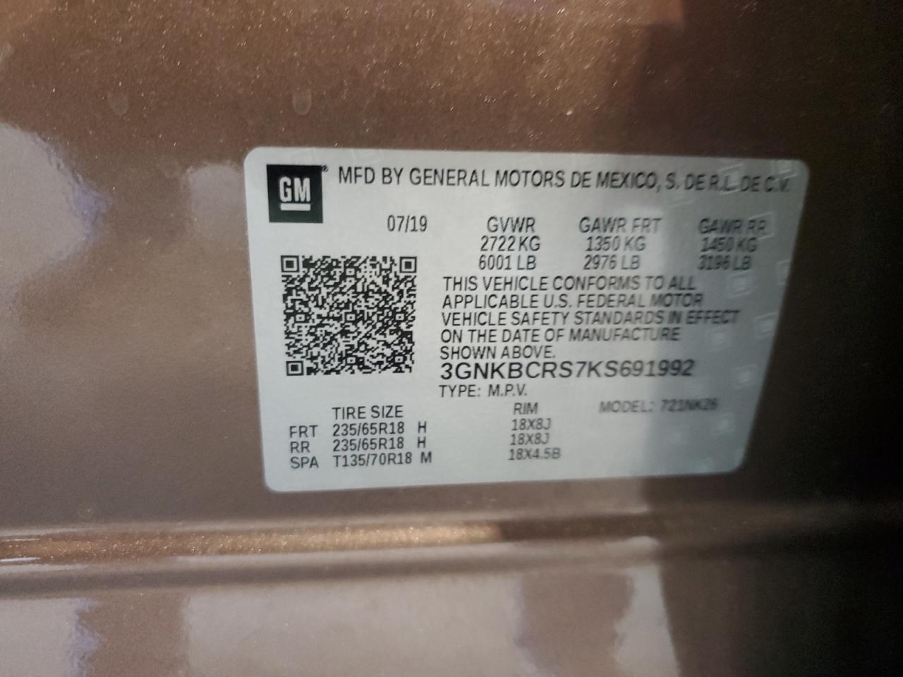 2019 Chevrolet Blazer 2Lt VIN: 3GNKBCRS7KS691992 Lot: 67237955