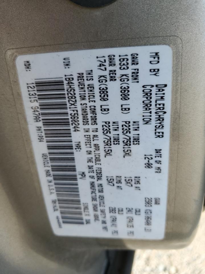 2001 Dodge Durango VIN: 1B4HS28ZX1F560244 Lot: 69487975