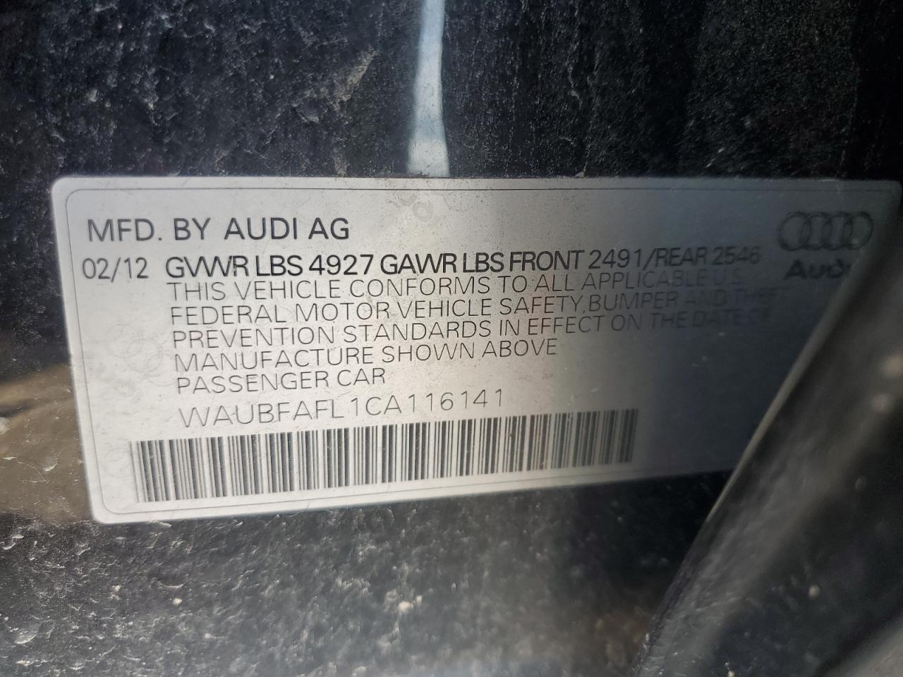 2012 Audi A4 Premium VIN: WAUBFAFL1CA116141 Lot: 69264645