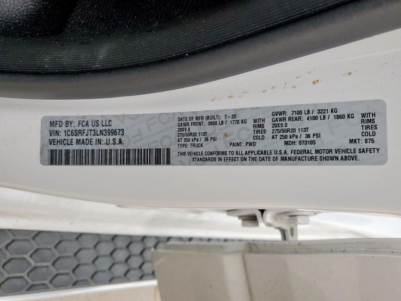 2020 Ram 1500 Laramie VIN: 1C6SRFJT3LN399673 Lot: 70837275