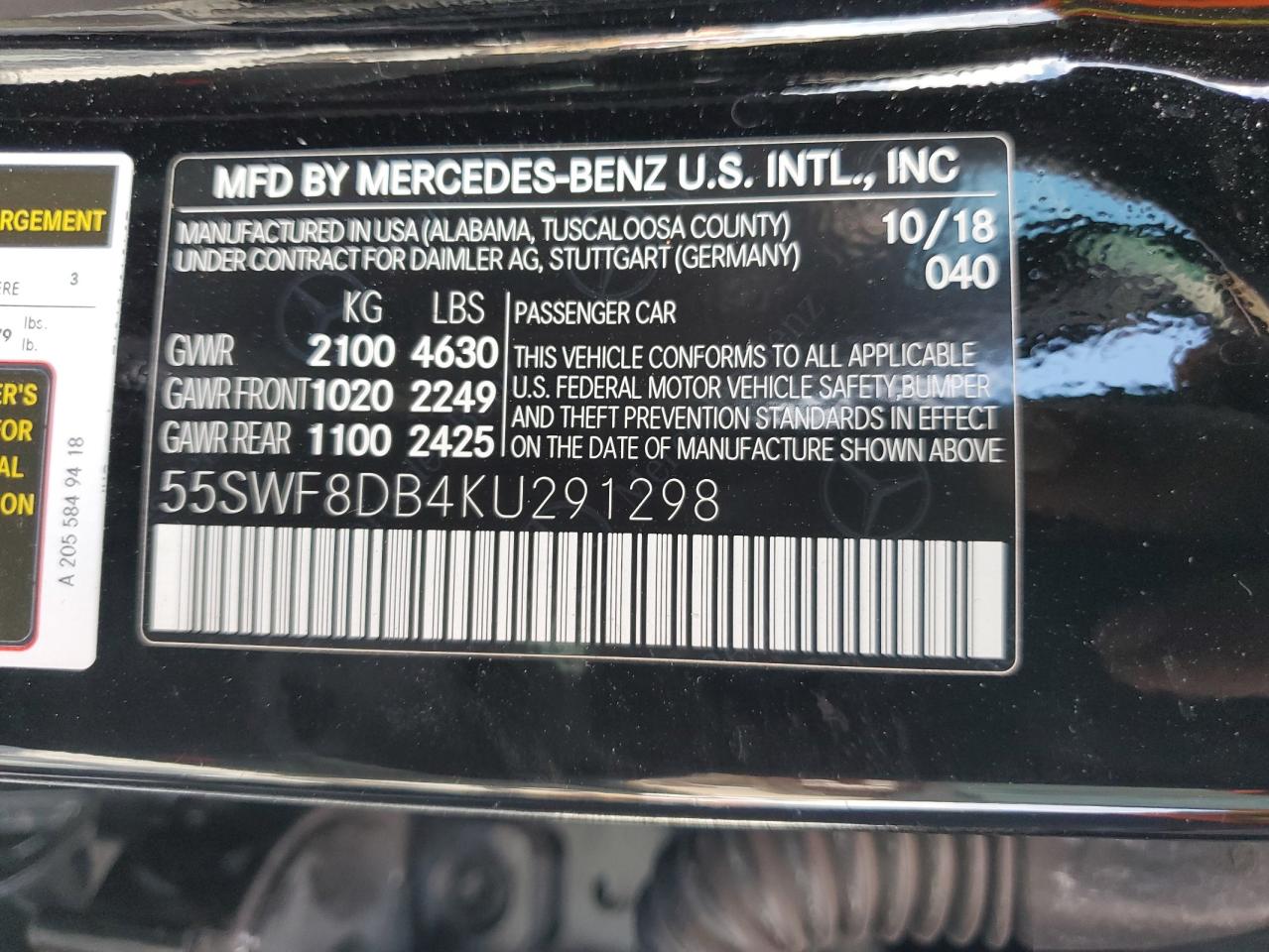 2019 Mercedes-Benz C 300 VIN: 55SWF8DB4KU291298 Lot: 68284645