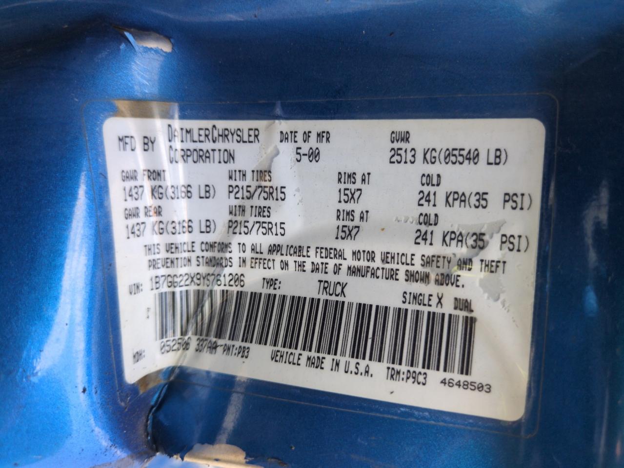 2000 Dodge Dakota VIN: 1B7GG22X9YS761206 Lot: 68499485