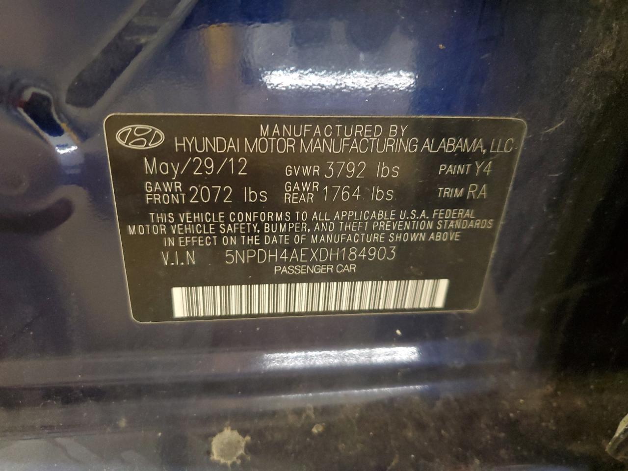 2013 Hyundai Elantra Gls VIN: 5NPDH4AEXDH184903 Lot: 69142535