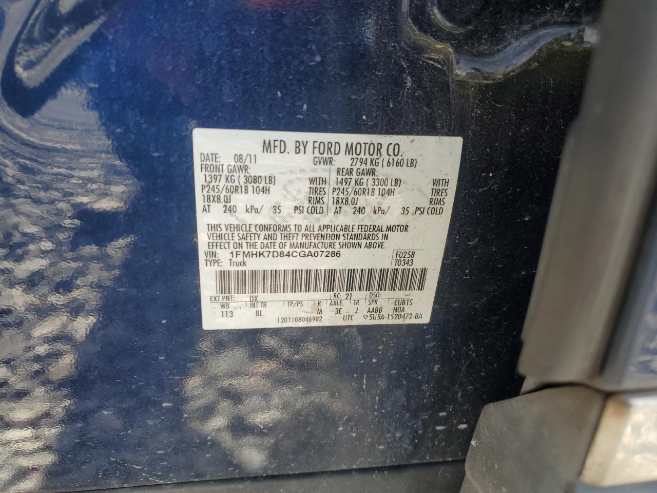 2012 Ford Explorer Xlt VIN: 1FMHK7D84CGA07286 Lot: 68561205