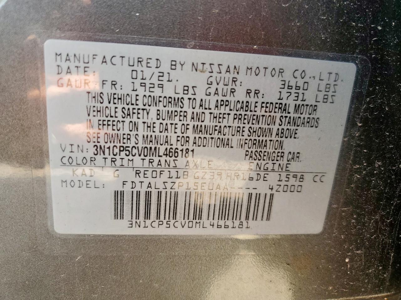 2021 Nissan Kicks Sv VIN: 3N1CP5CV0ML466181 Lot: 67579605