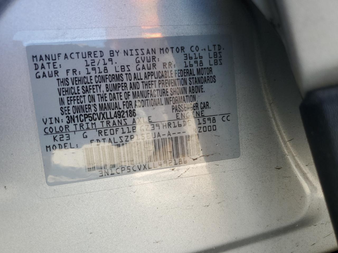 2020 Nissan Kicks Sv VIN: 3N1CP5CVXLL492186 Lot: 70408895