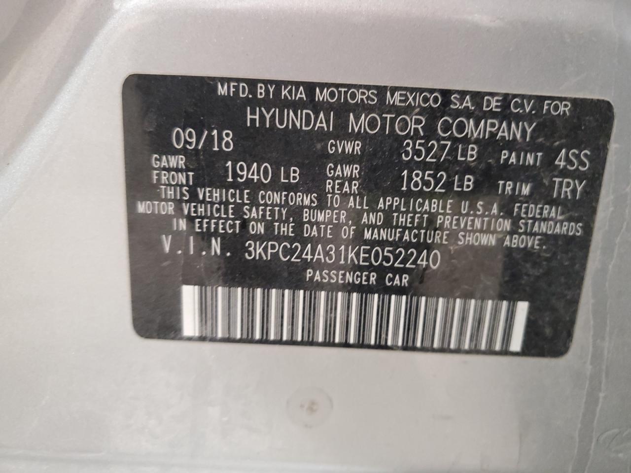 2019 Hyundai Accent Se VIN: 3KPC24A31KE052240 Lot: 68673325