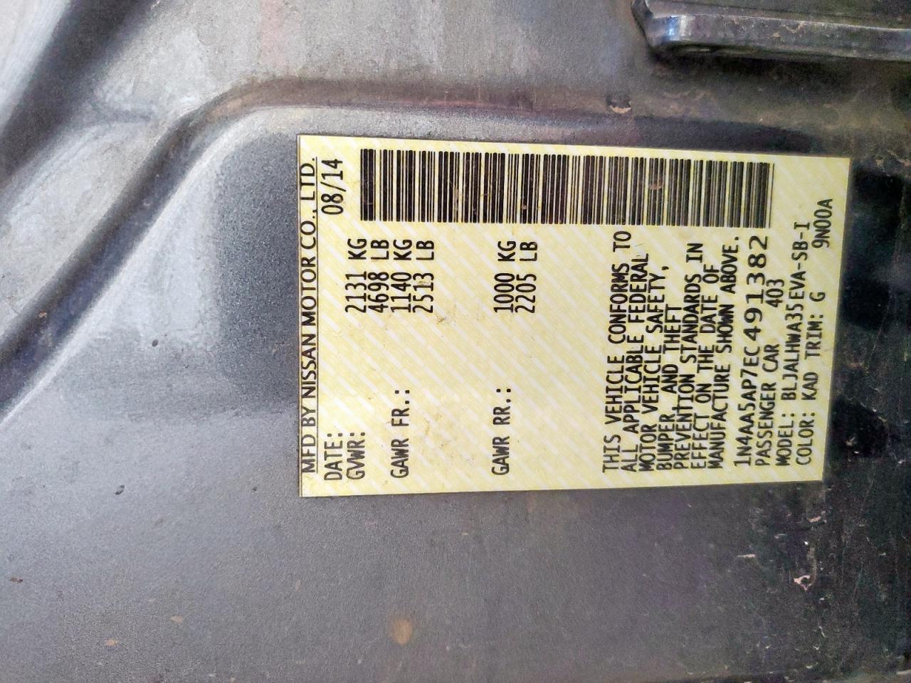 2014 Nissan Maxima S VIN: 1N4AA5AP7EC491382 Lot: 67310545