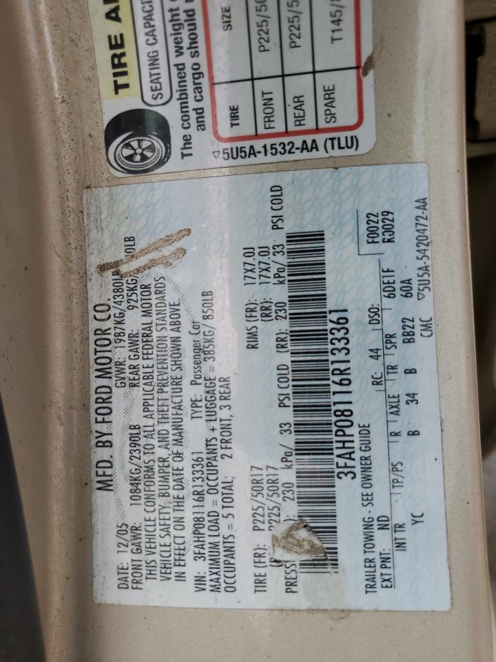 2006 Ford Fusion Sel VIN: 3FAHP08116R133361 Lot: 67429025