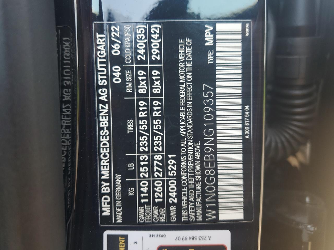 2022 Mercedes-Benz Glc 300 4Matic VIN: W1N0G8EB9NG109357 Lot: 68942285