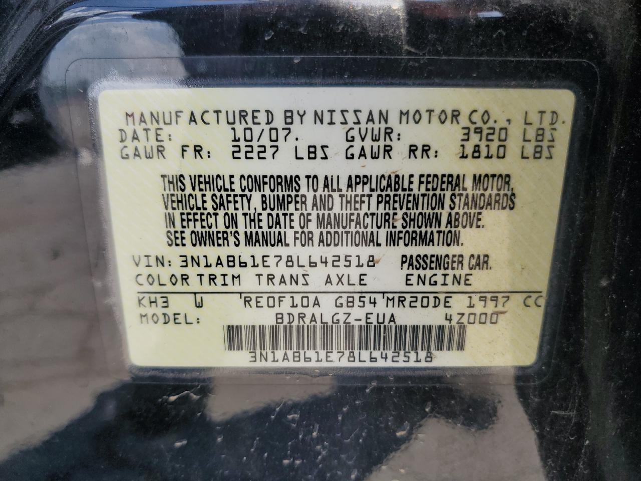 2008 Nissan Sentra 2.0 VIN: 3N1AB61E78L642518 Lot: 68376225
