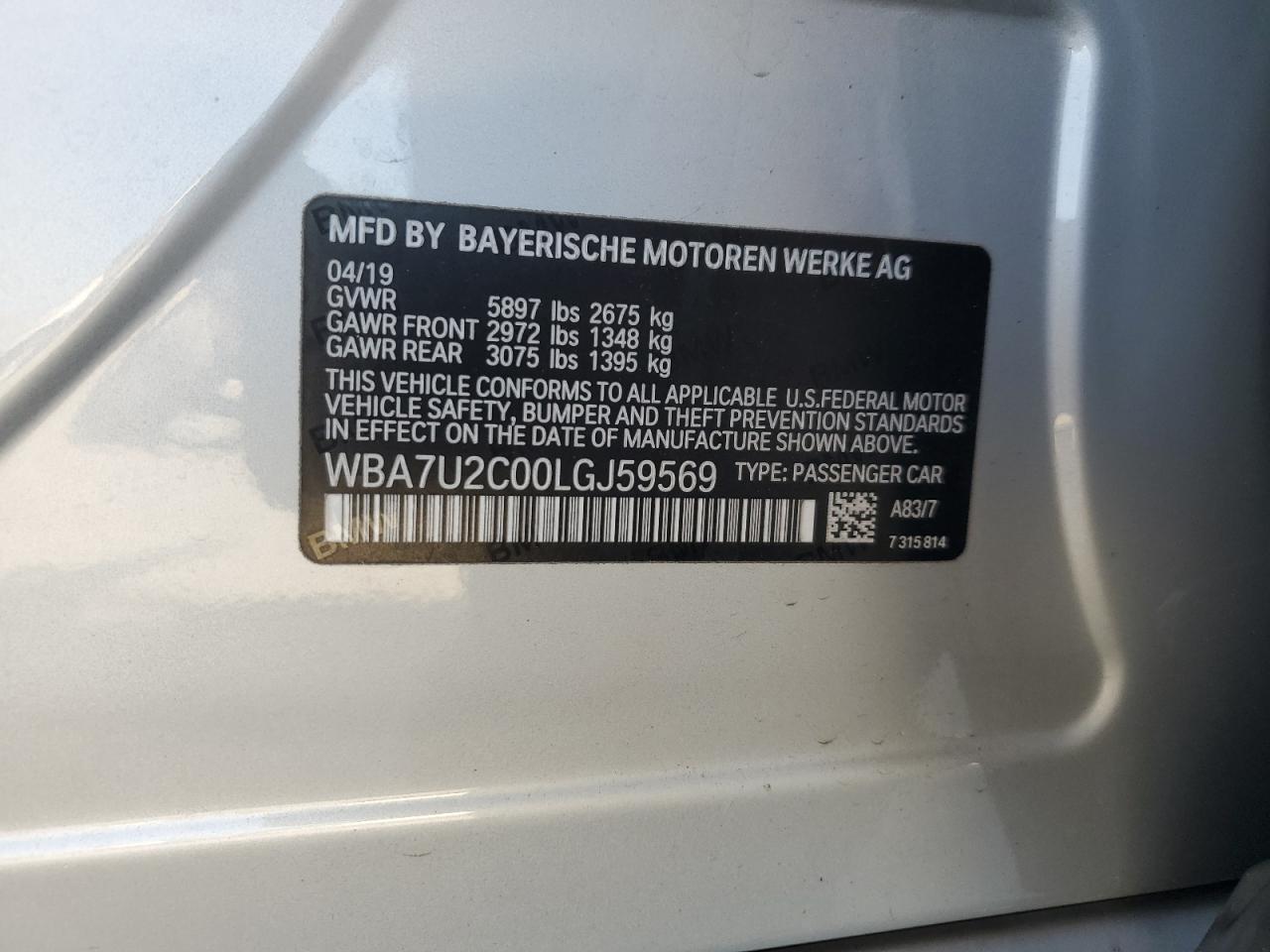 2020 BMW 750 Xi VIN: WBA7U2C00LGJ59569 Lot: 68876245