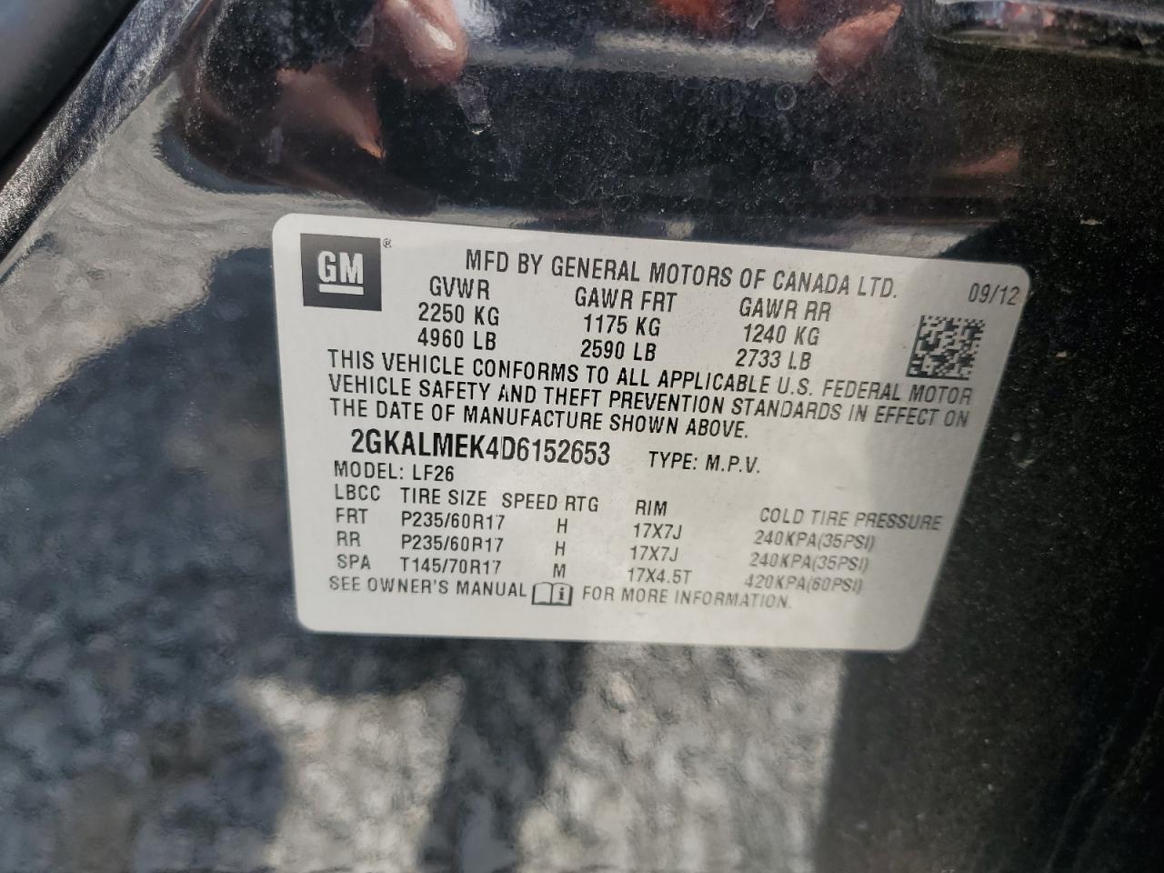 2013 GMC Terrain Sle VIN: 2GKALMEK4D6152653 Lot: 66299485