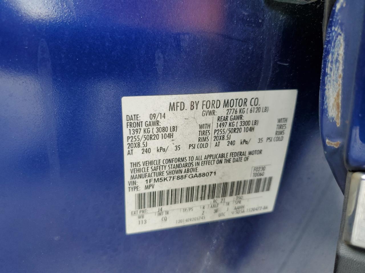 2015 Ford Explorer Limited VIN: 1FM5K7F88FGA88071 Lot: 68242385