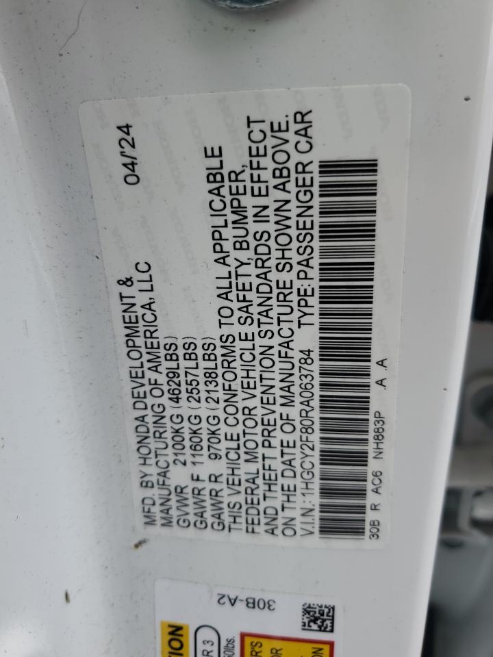 2024 Honda Accord Touring Hybrid VIN: 1HGCY2F80RA063784 Lot: 69678105