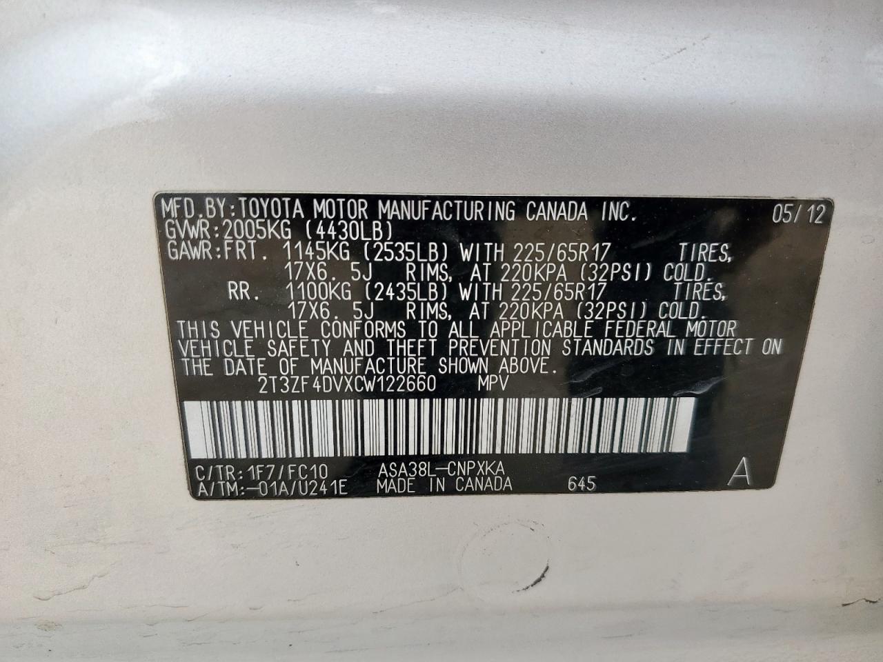 2012 Toyota Rav4 VIN: 2T3ZF4DVXCW122660 Lot: 70662335