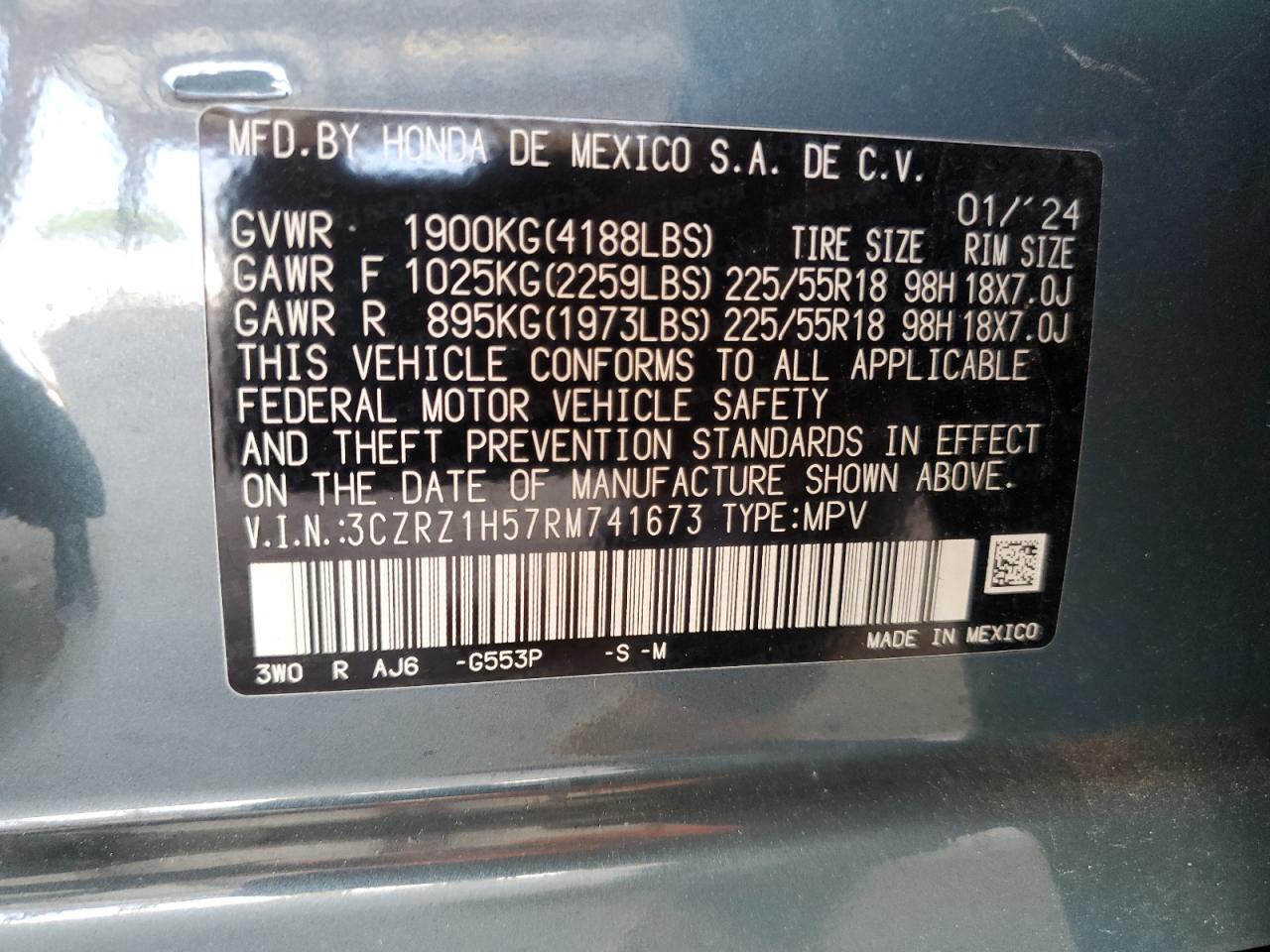 2024 Honda Hr-V Sport VIN: 3CZRZ1H57RM741673 Lot: 70460485
