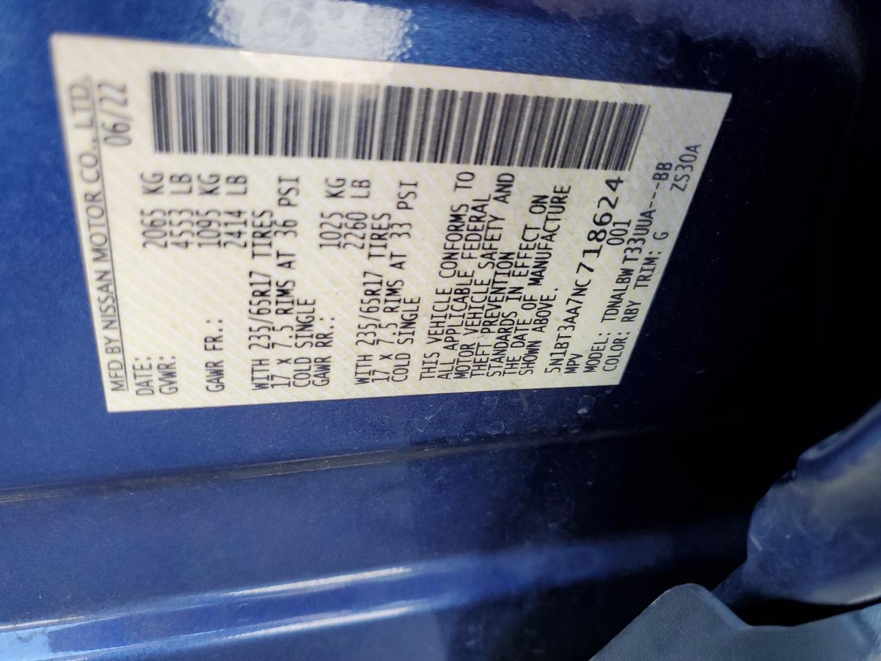 2022 Nissan Rogue S VIN: 5N1BT3AA7NC718624 Lot: 69485815