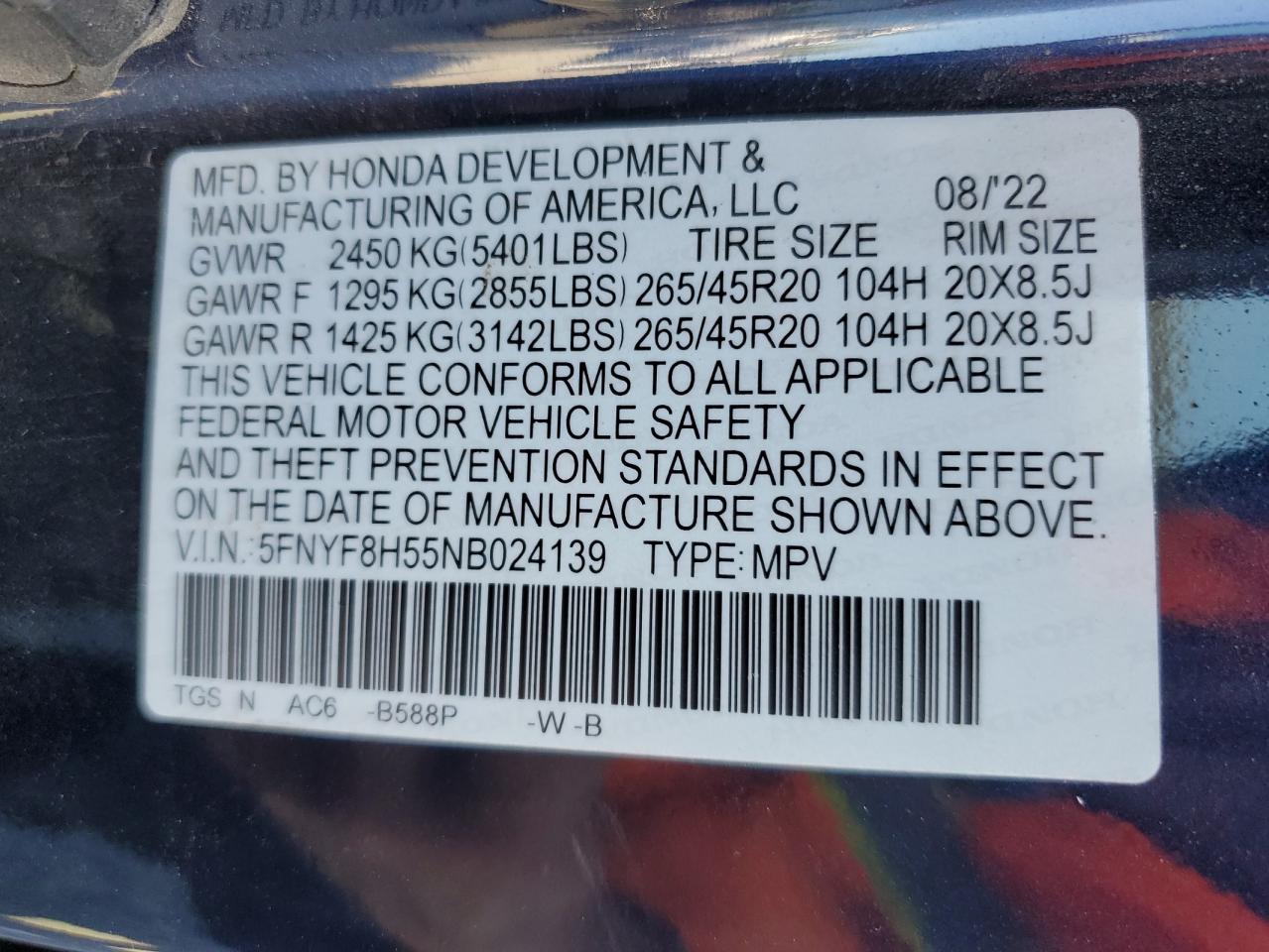 2022 Honda Passport Exl VIN: 5FNYF8H55NB024139 Lot: 68466315