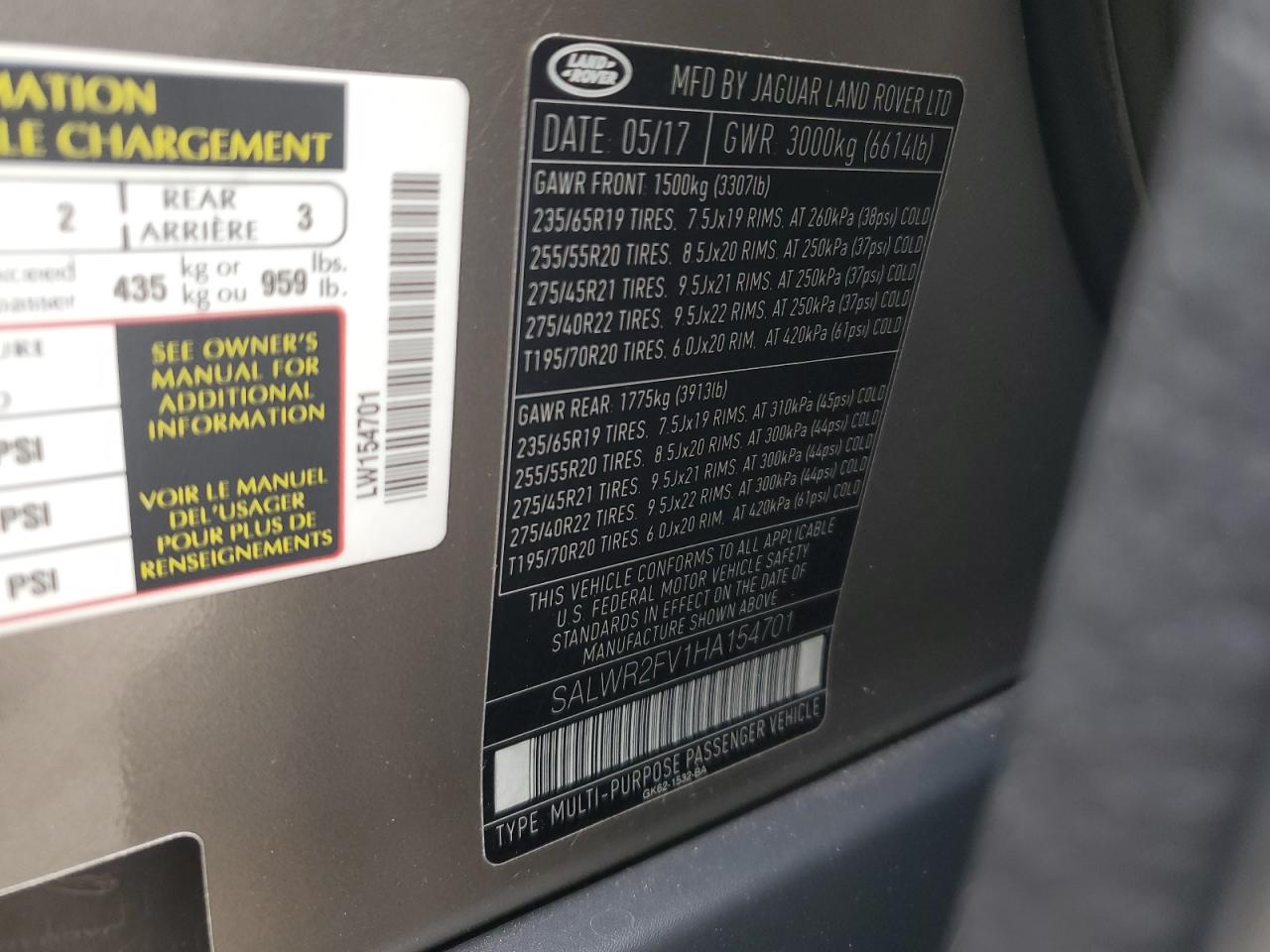 2017 Land Rover Range Rover Sport Hse VIN: SALWR2FV1HA154701 Lot: 70627155