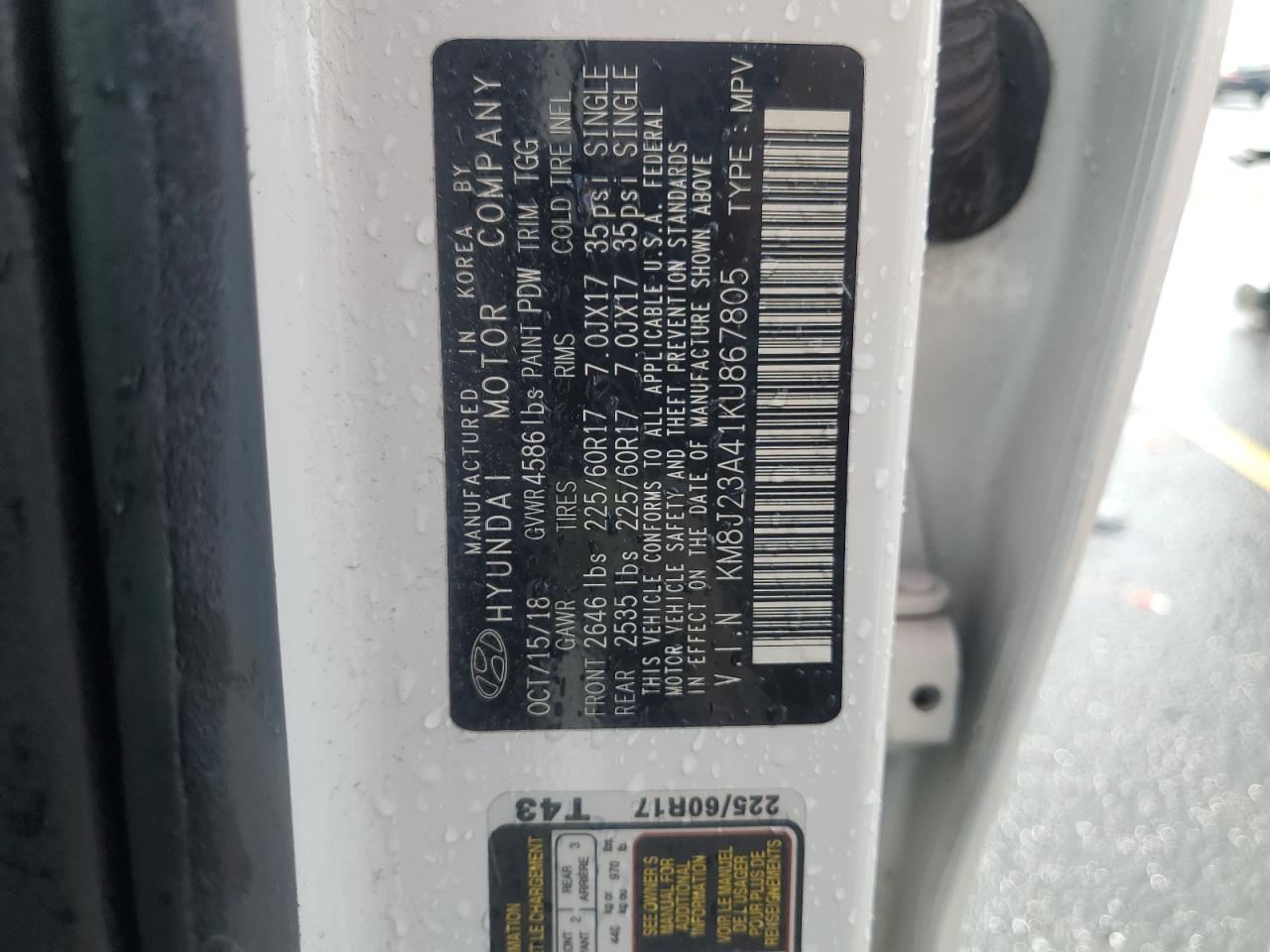 2019 Hyundai Tucson Se VIN: KM8J23A41KU867805 Lot: 67566935