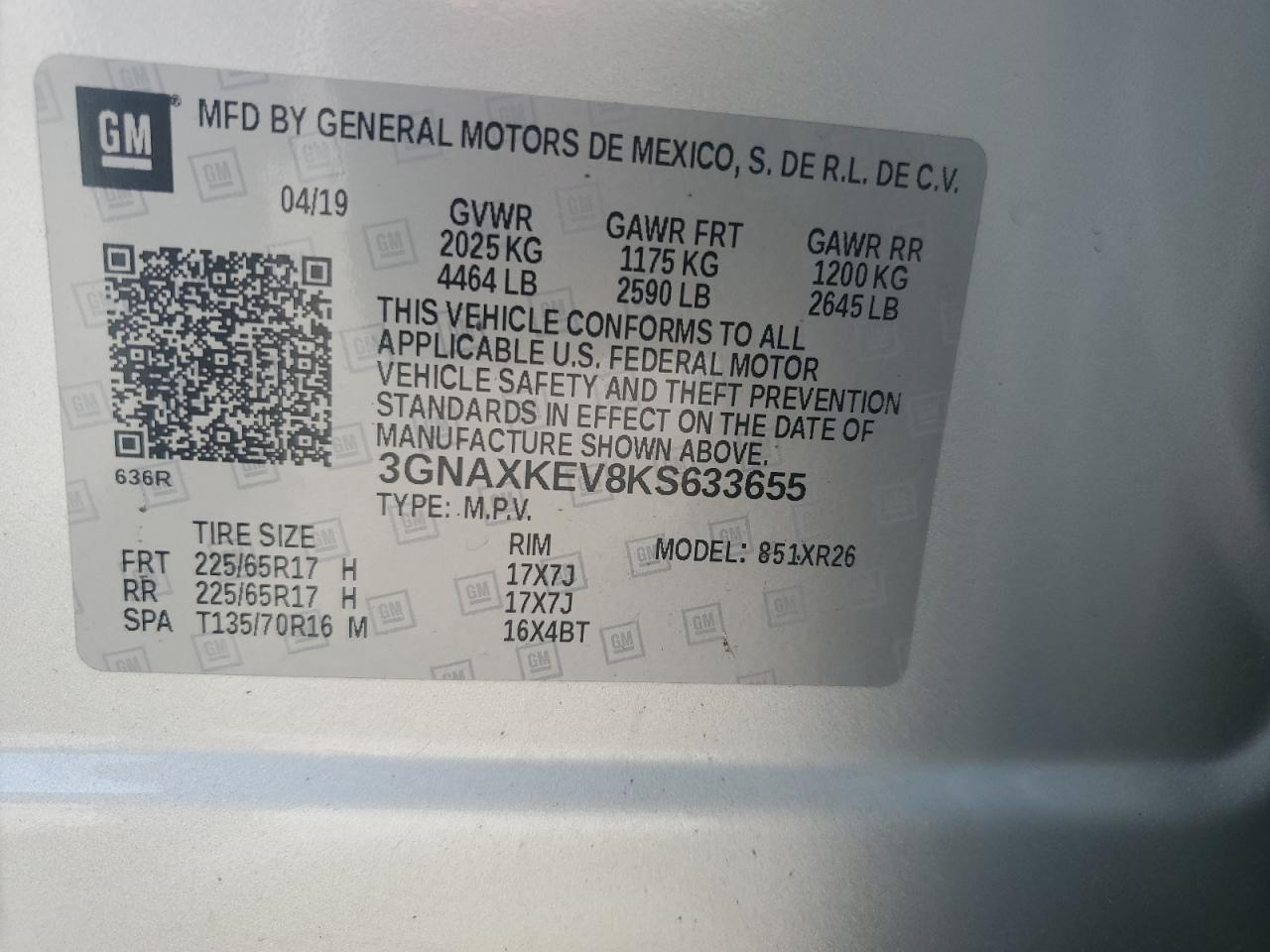 2019 Chevrolet Equinox Lt VIN: 3GNAXKEV8KS633655 Lot: 70986125