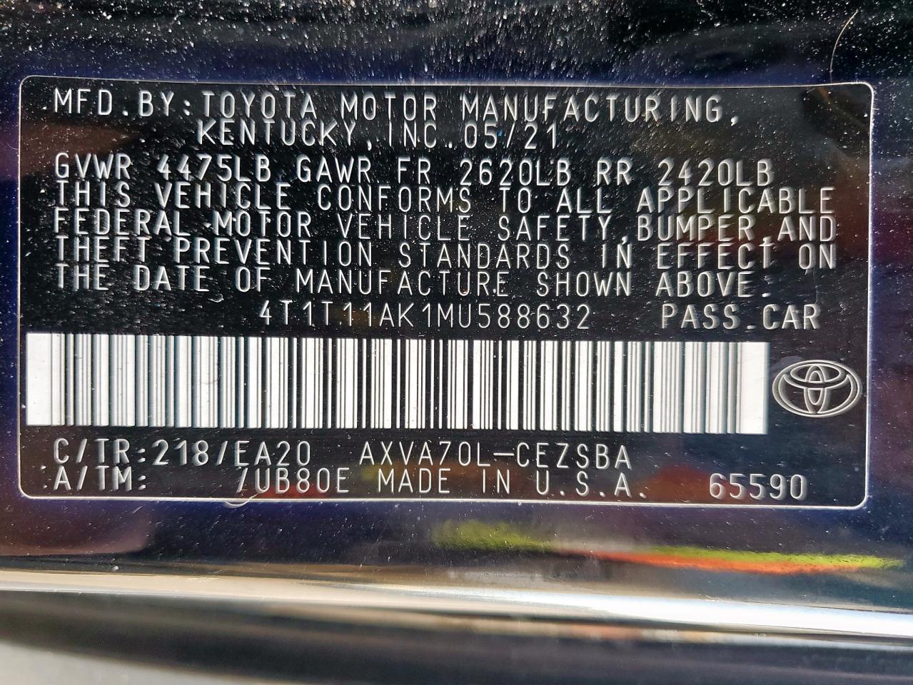 2021 Toyota Camry Se VIN: 4T1T11AK1MU588632 Lot: 69386065