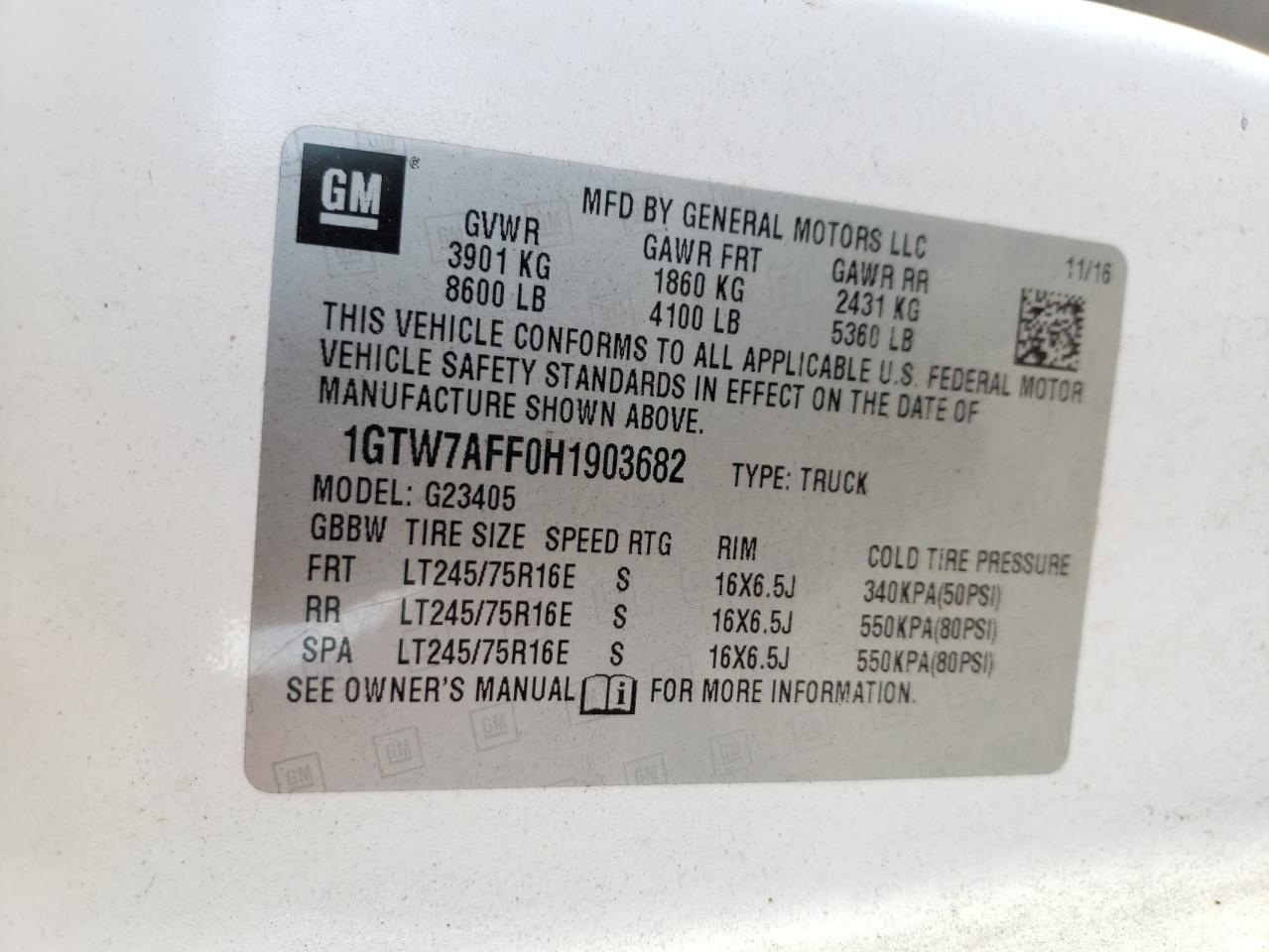 2017 GMC Savana G2500 VIN: 1GTW7AFF0H1903682 Lot: 70851205